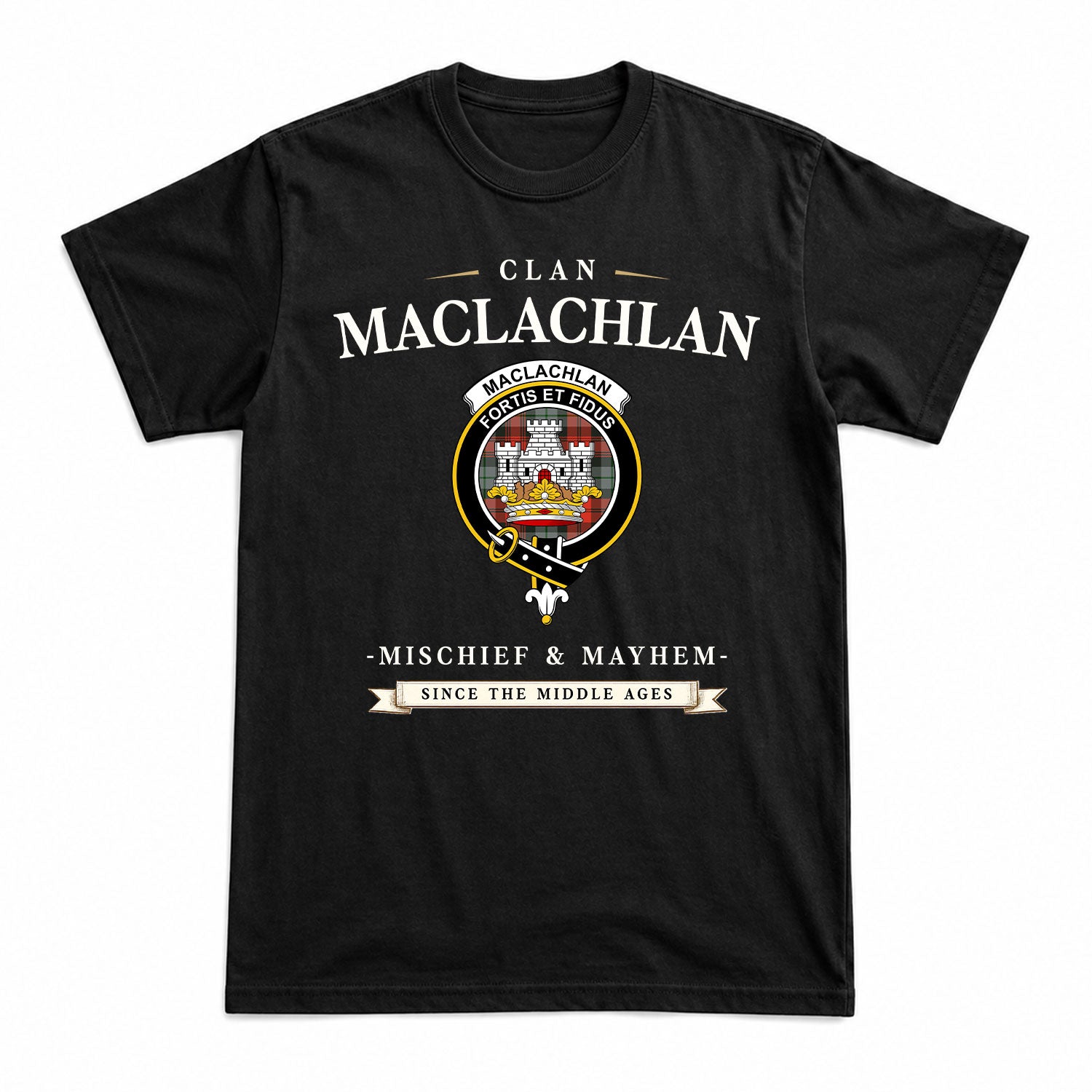 MacLachlan Weathered Tartan Crest Mischief and Mayhem T-shirt