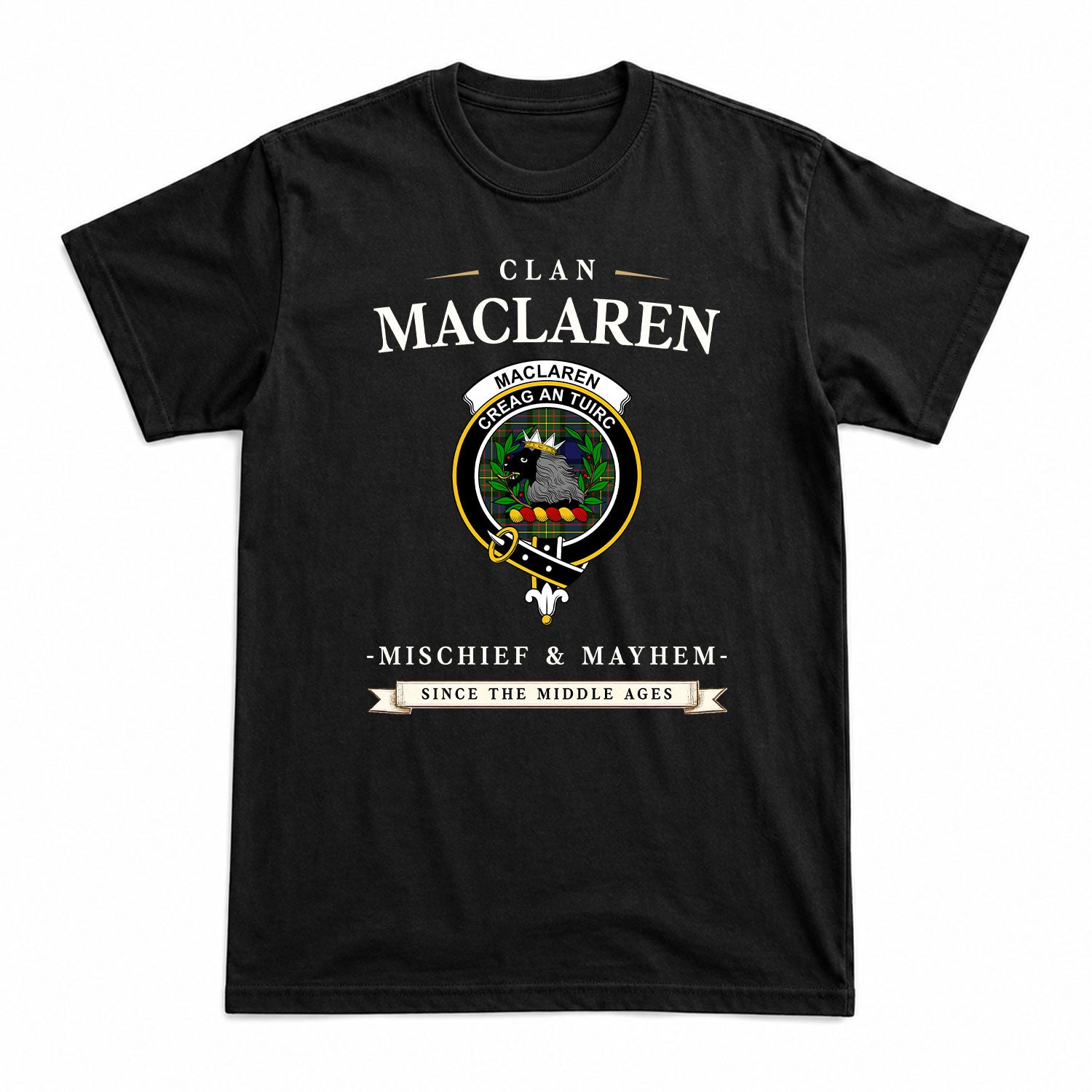 MacLaren Modern Tartan Crest Mischief and Mayhem T-shirt