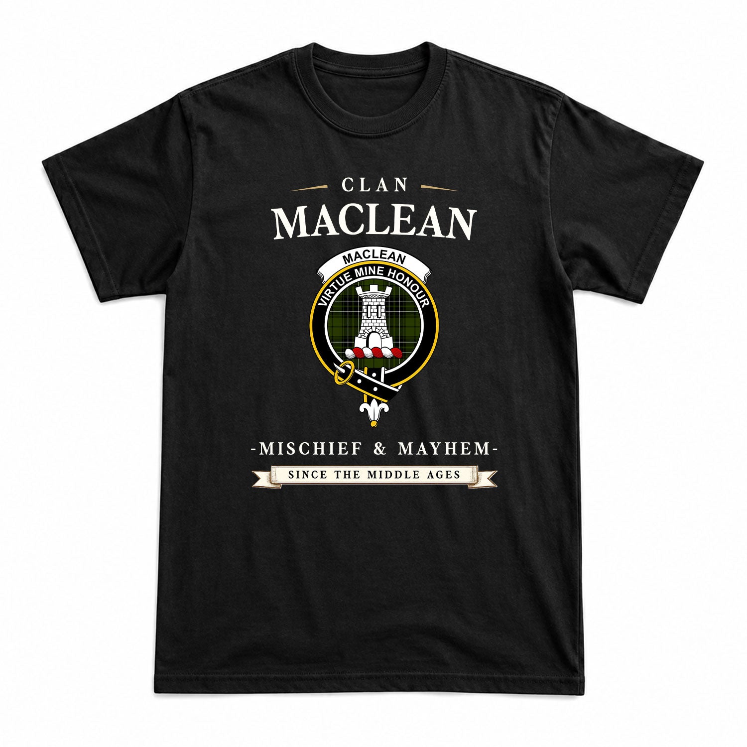MacLean Hunting Tartan Crest Mischief and Mayhem T-shirt