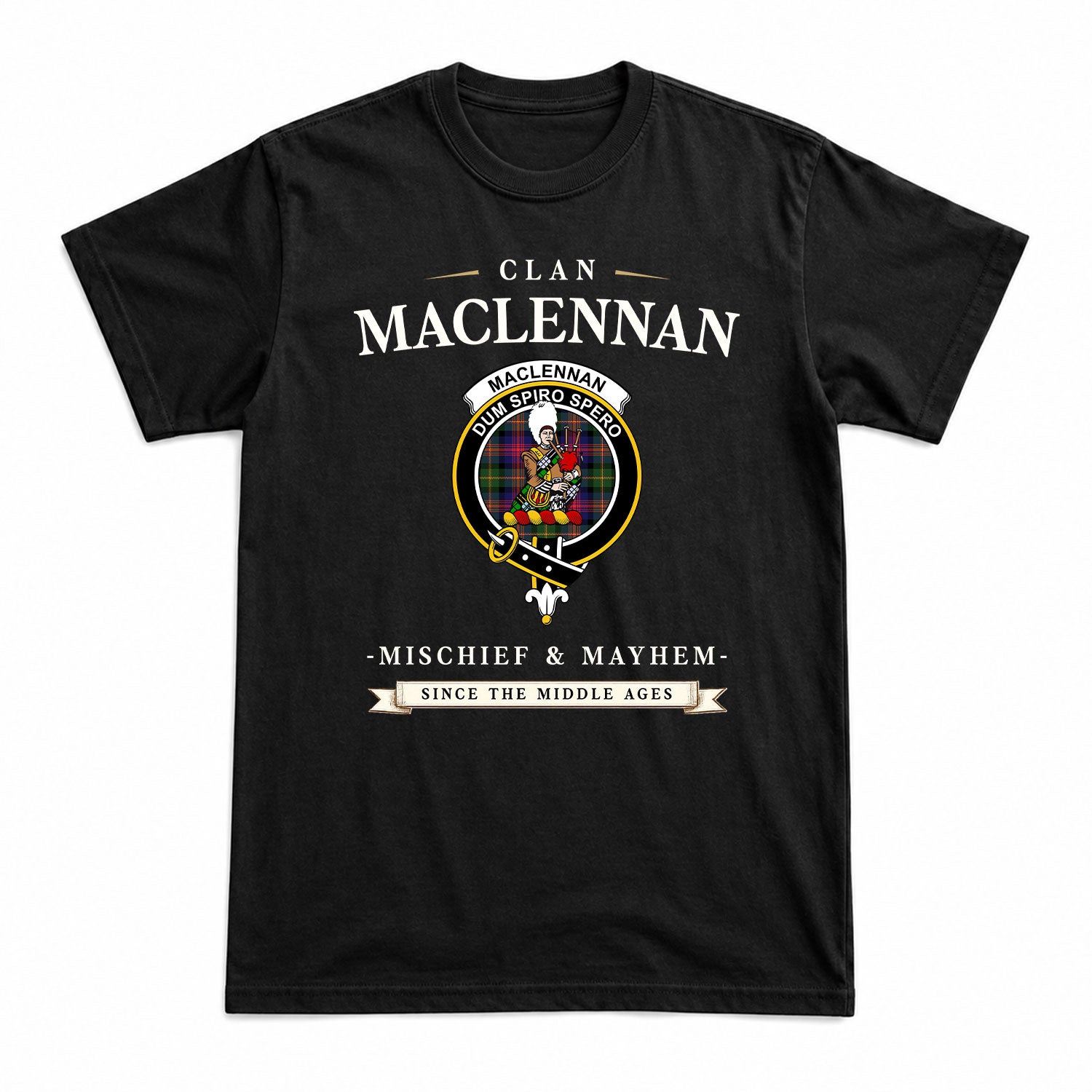 MacLennan Modern Tartan Crest Mischief and Mayhem T-shirt