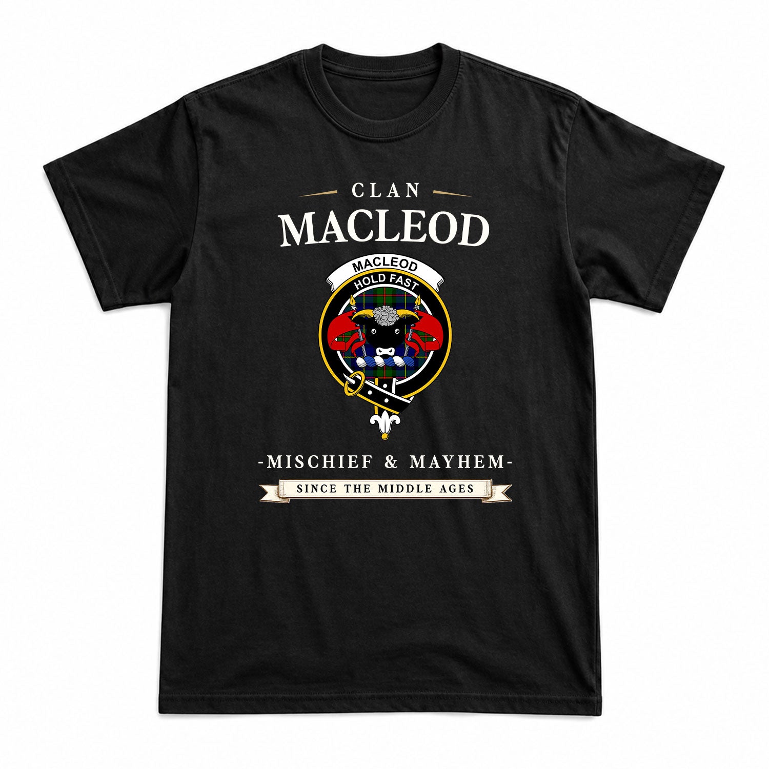 MacLeod of Harris Modern Tartan Crest Mischief and Mayhem T-shirt