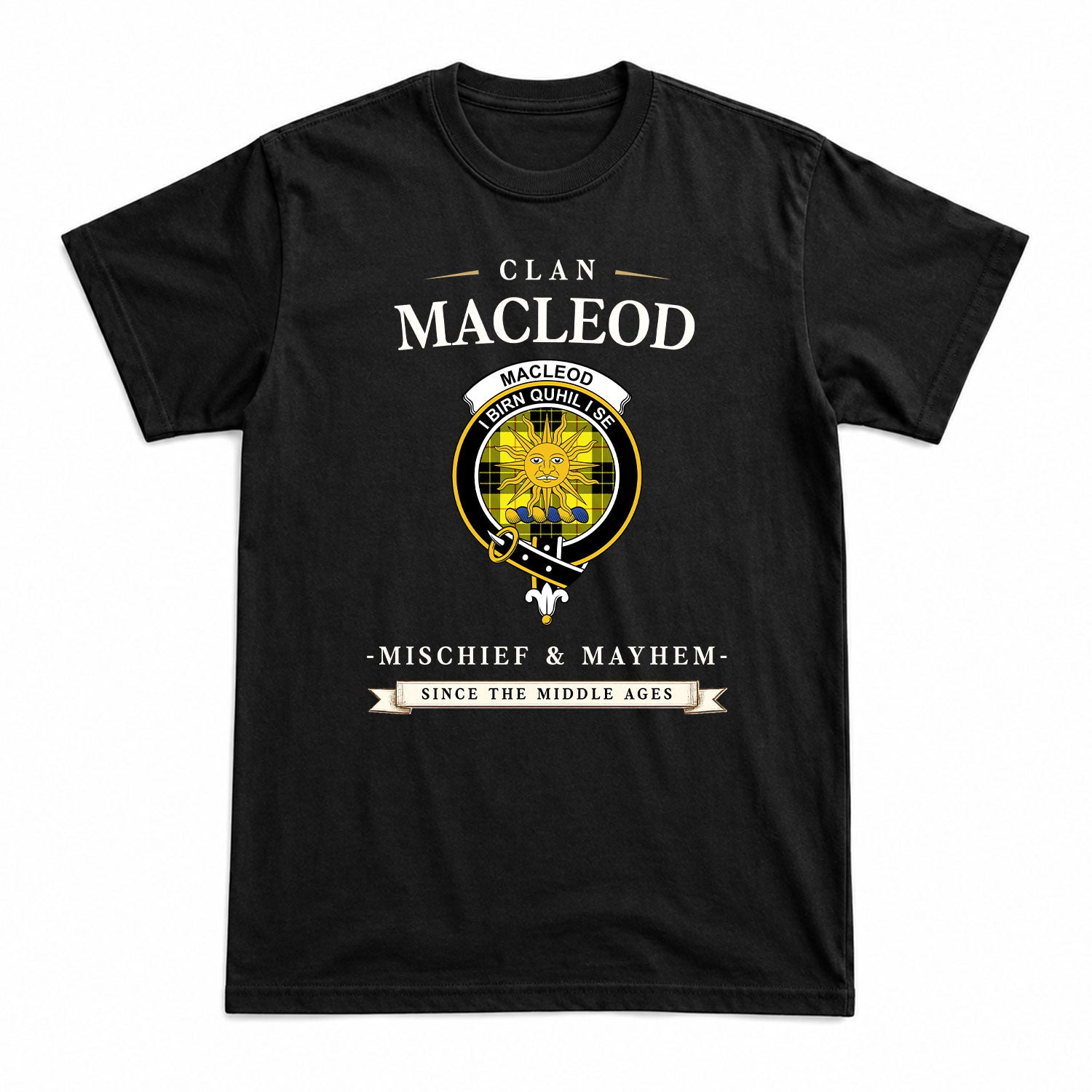 MacLeod of Lewis Modern Tartan Crest Mischief and Mayhem T-shirt