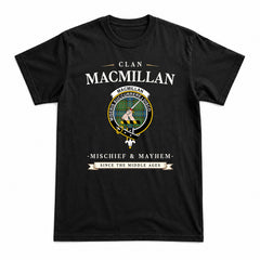 MacMillan Hunting Ancient Tartan Crest Mischief and Mayhem T-shirt
