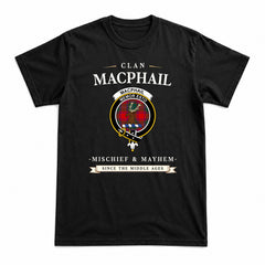 MacPhail Clan Tartan Crest Mischief and Mayhem T-shirt