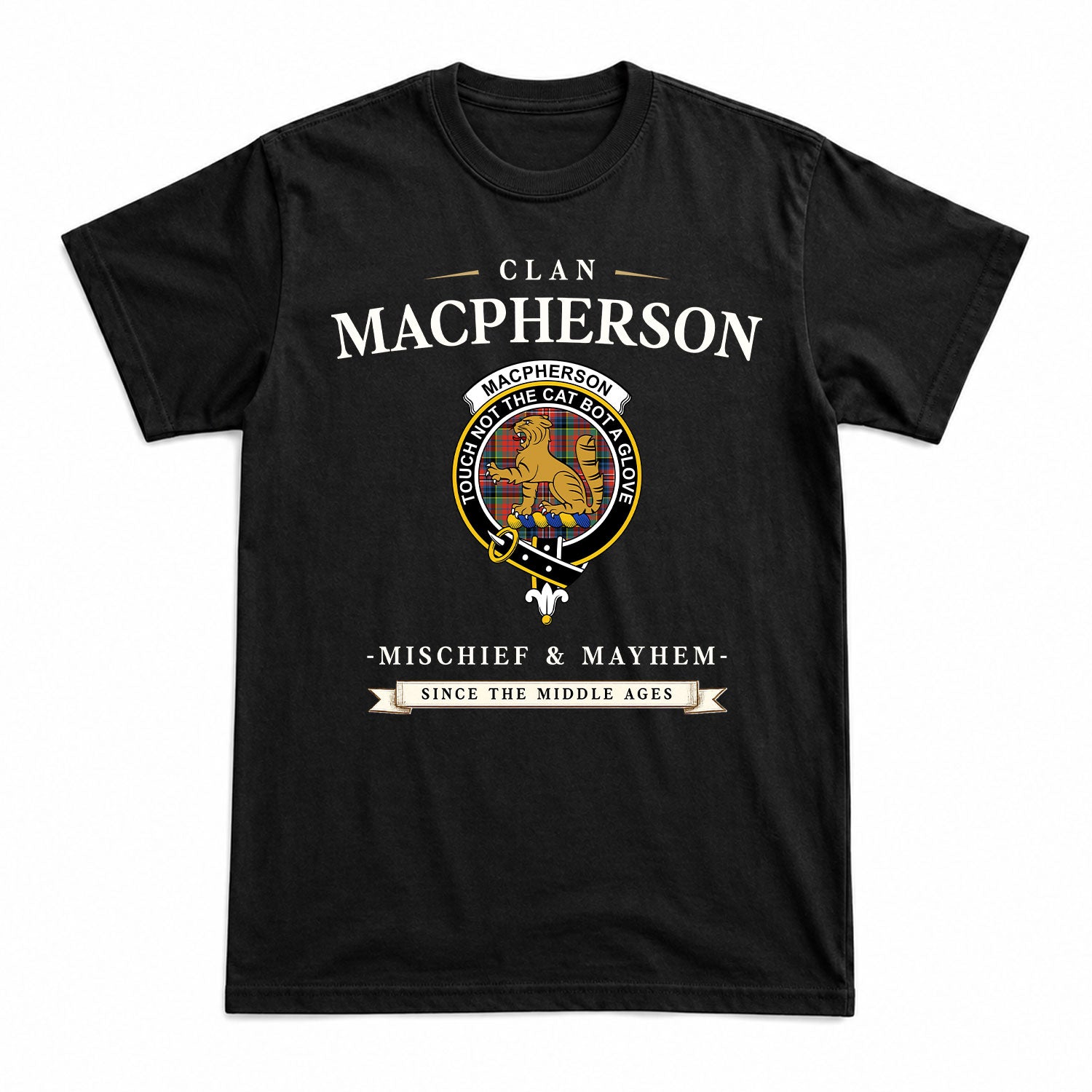MacPherson Ancient Tartan Crest Mischief and Mayhem T-shirt