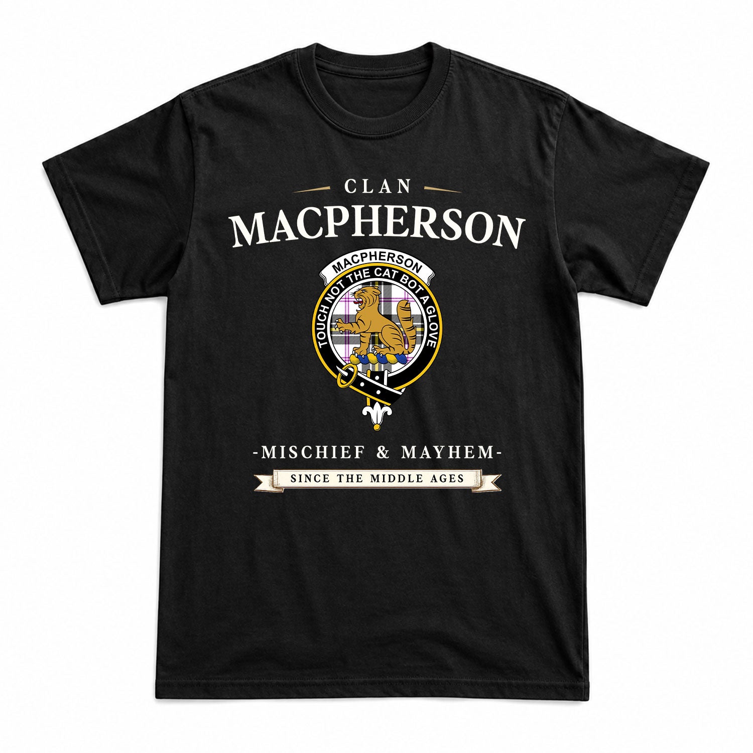 MacPherson Dress Modern Tartan Crest Mischief and Mayhem T-shirt