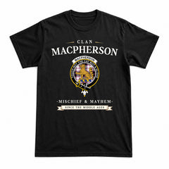 MacPherson Hunting Modern Tartan Crest Mischief and Mayhem T-shirt