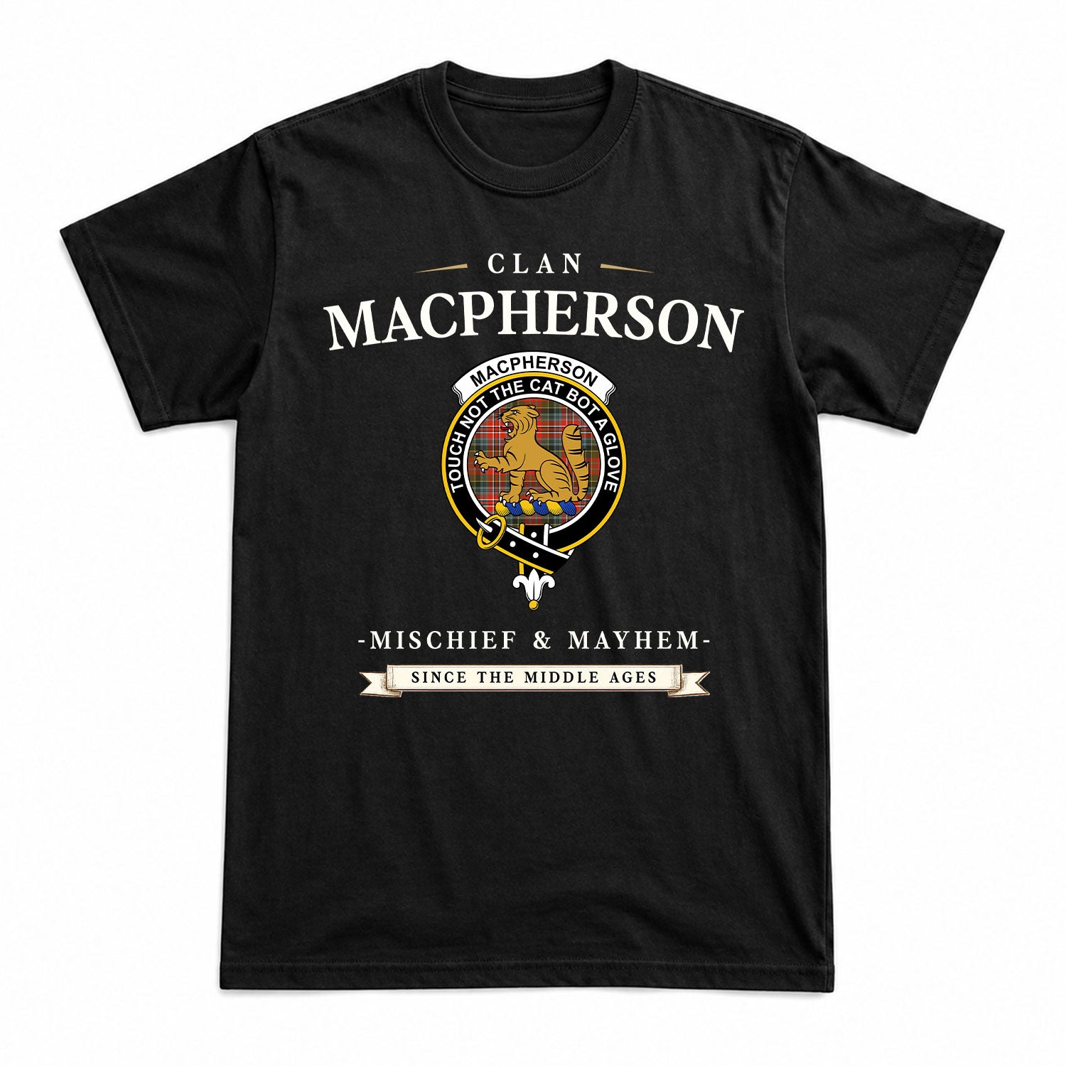 MacPherson Weathered Tartan Crest Mischief and Mayhem T-shirt