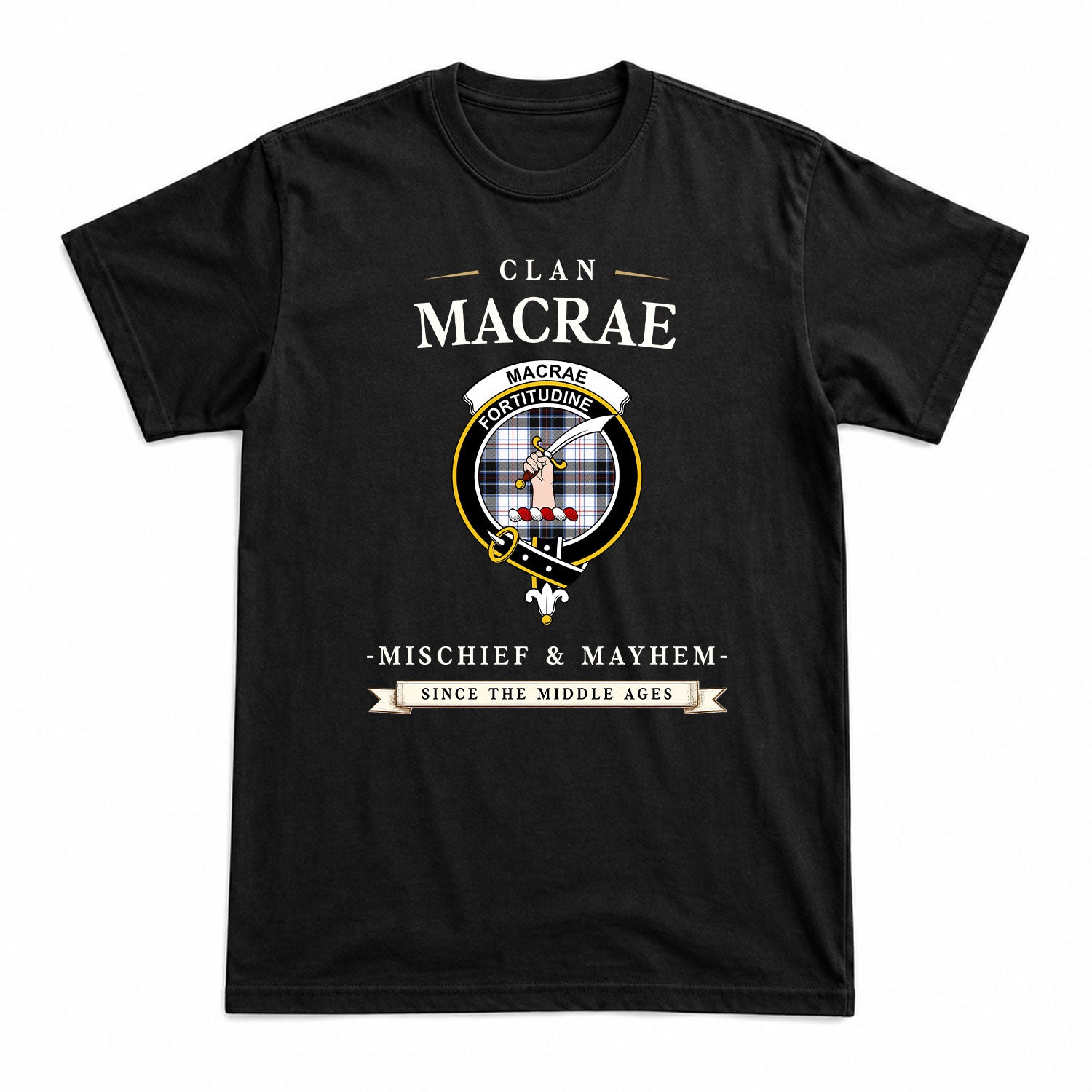 MacRae Dress Modern Tartan Crest Mischief and Mayhem T-shirt