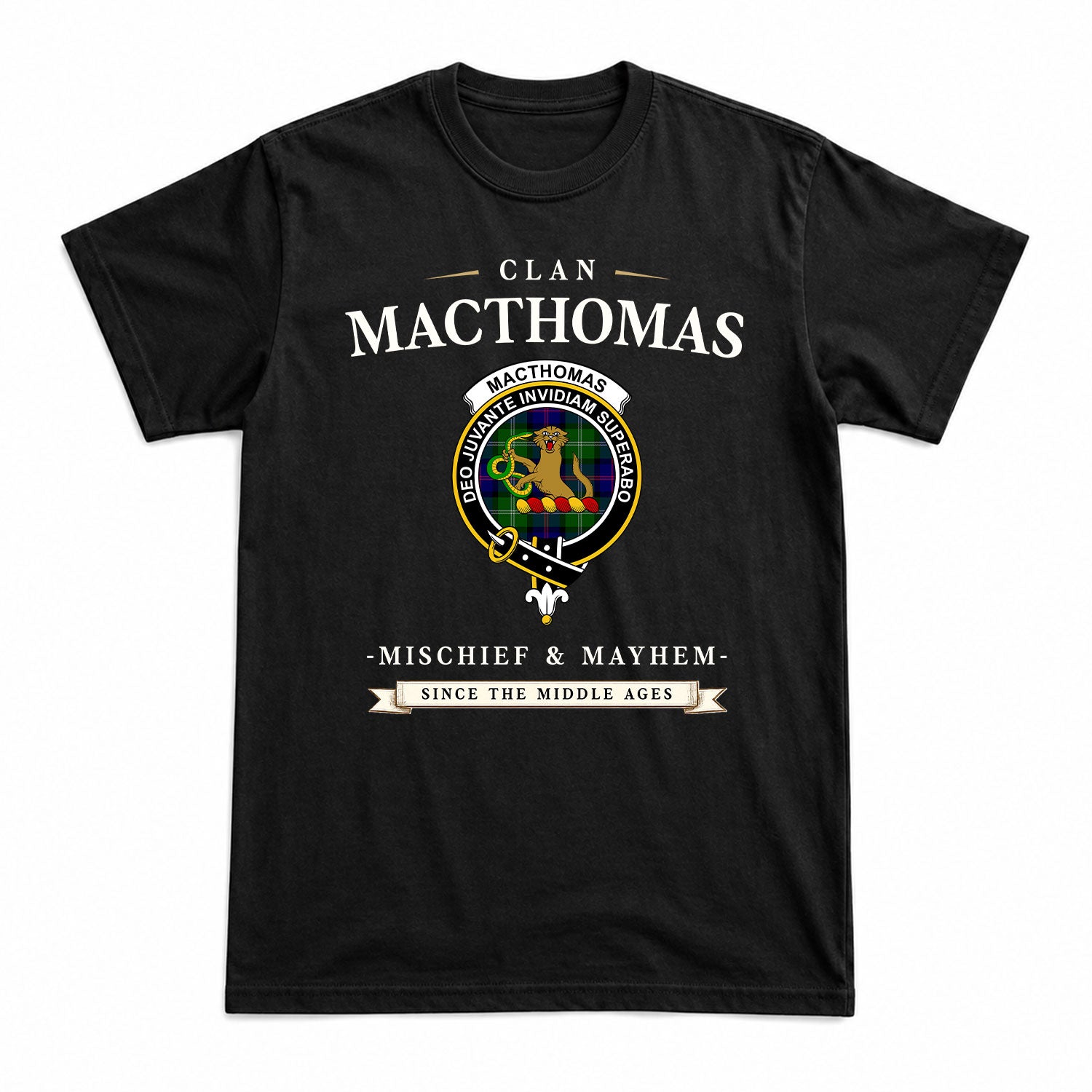 MacThomas Modern Tartan Crest Mischief and Mayhem T-shirt