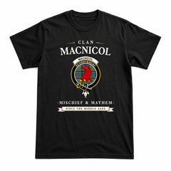 MacNicol Hunting Ancient Tartan Crest Mischief and Mayhem T-shirt