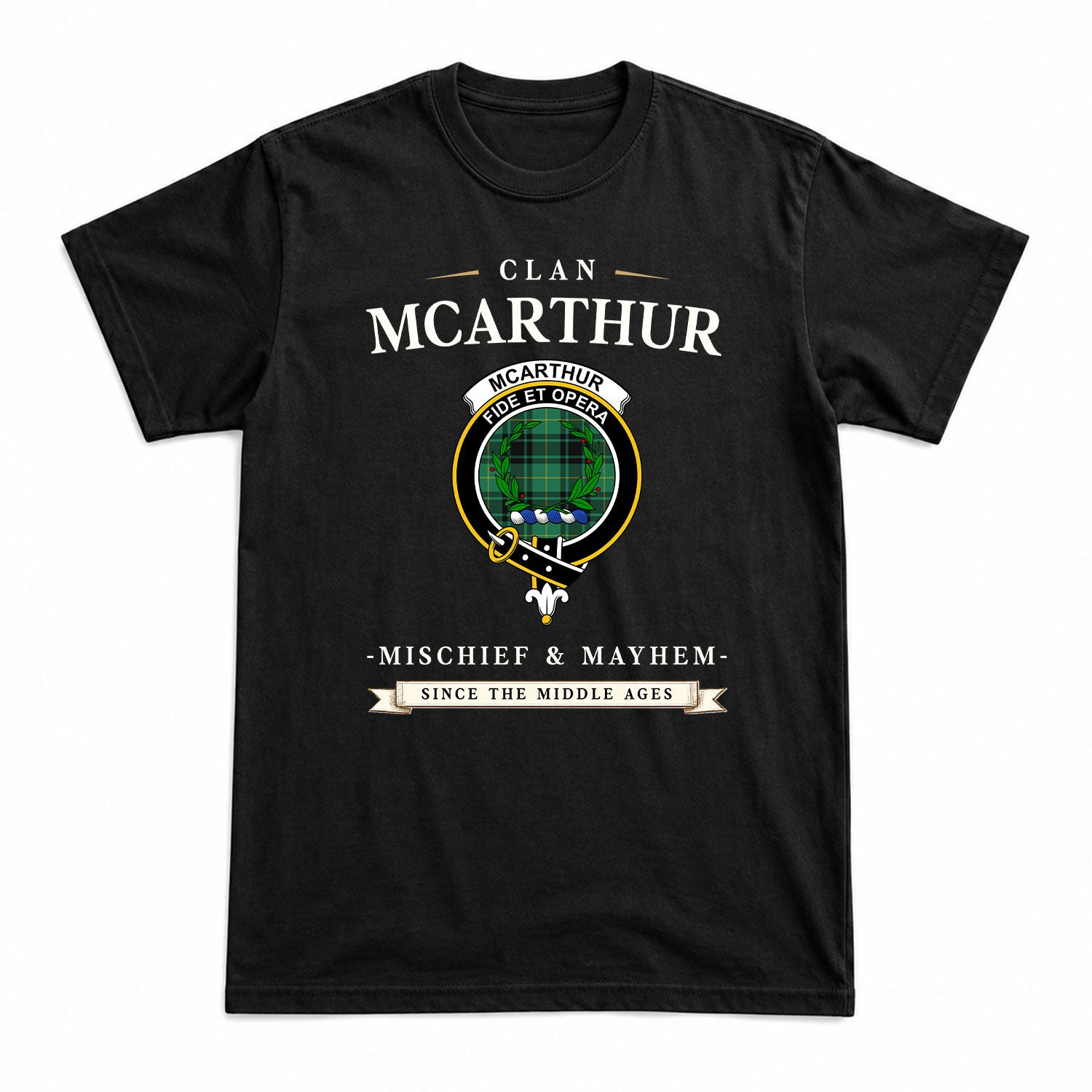 McArthur Ancient Tartan Crest Mischief and Mayhem T-shirt