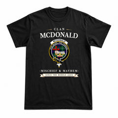 McDonald of the Isles Hunting Modern Tartan Crest Mischief and Mayhem T-shirt