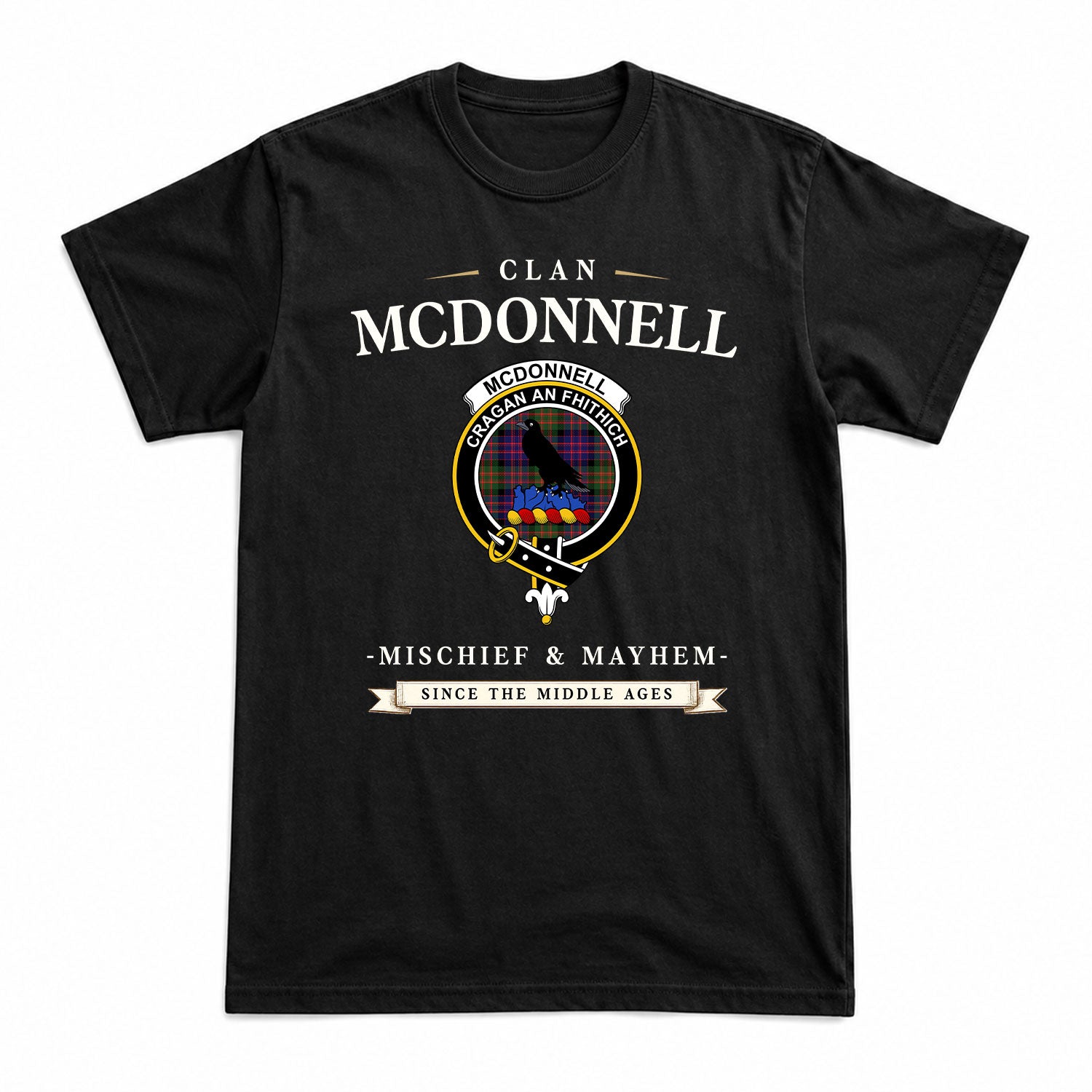 McDonnell of Glengarry Modern Tartan Crest Mischief and Mayhem T-shirt