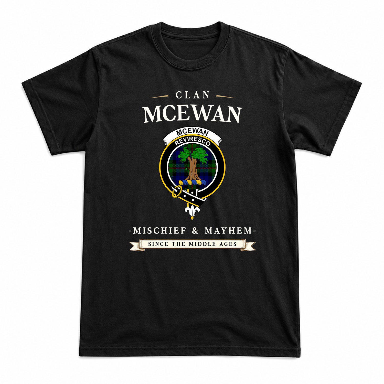 McEwan Modern Tartan Crest Mischief and Mayhem T-shirt
