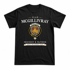 McGillivray Hunting Ancient Tartan Crest Mischief and Mayhem T-shirt