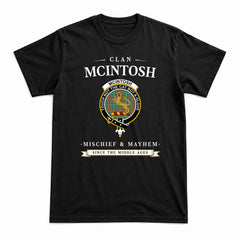 McIntosh Hunting Ancient Tartan Crest Mischief and Mayhem T-shirt