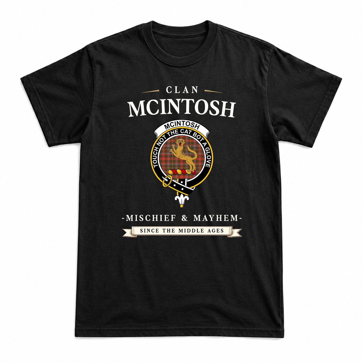 McIntosh Hunting Weathered Tartan Crest Mischief and Mayhem T-shirt