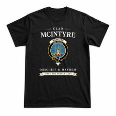 McIntyre Hunting Ancient Tartan Crest Mischief and Mayhem T-shirt