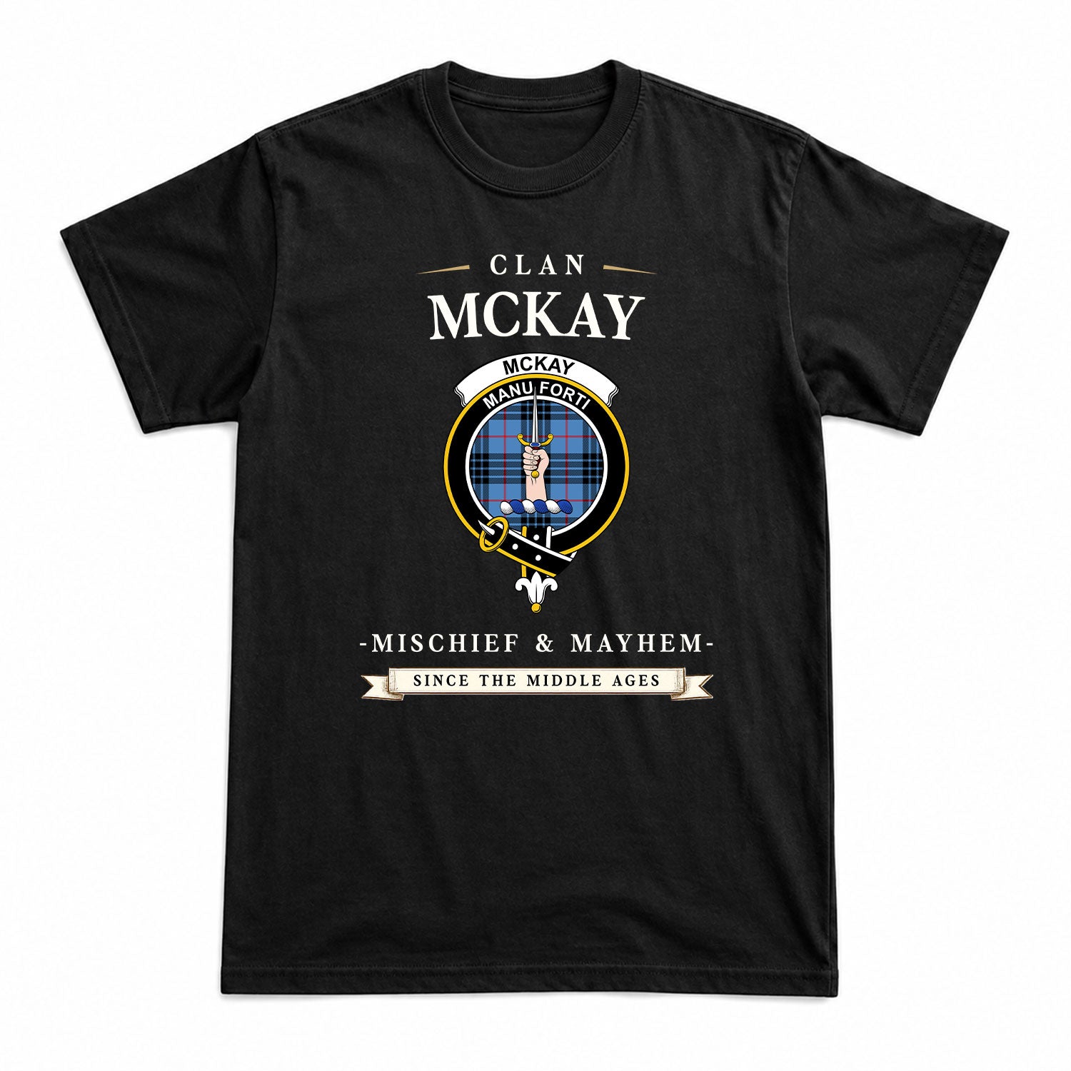 McKay Blue Tartan Crest Mischief and Mayhem T-shirt