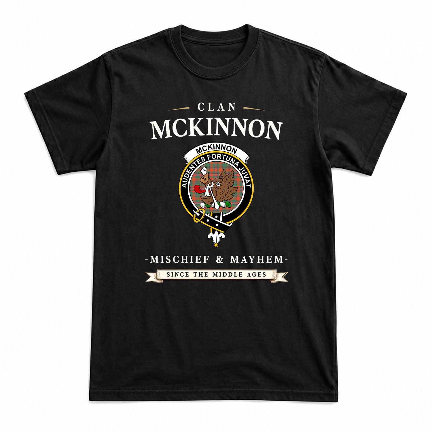McKinnon Ancient Tartan Crest Mischief and Mayhem T-shirt