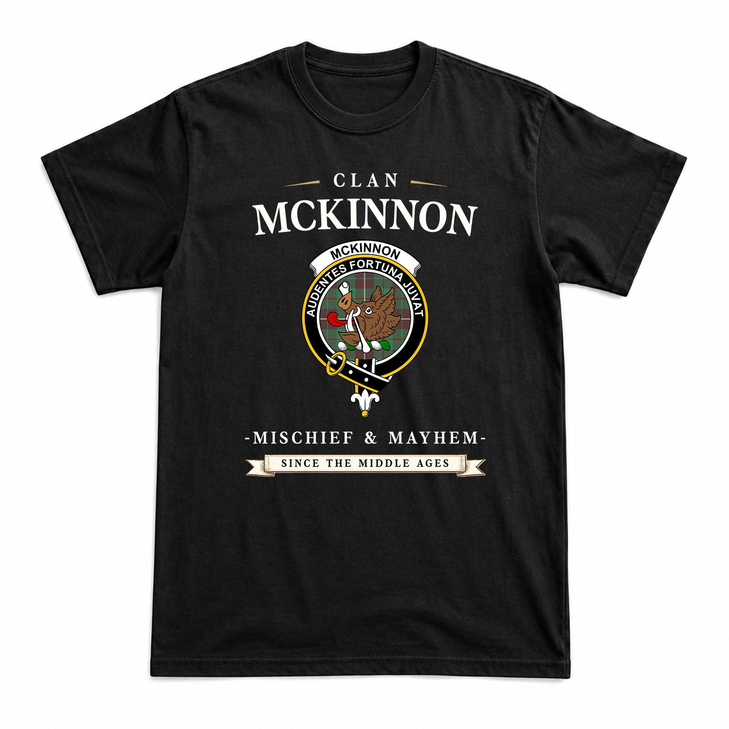 McKinnon Hunting Ancient Tartan Crest Mischief and Mayhem T-shirt