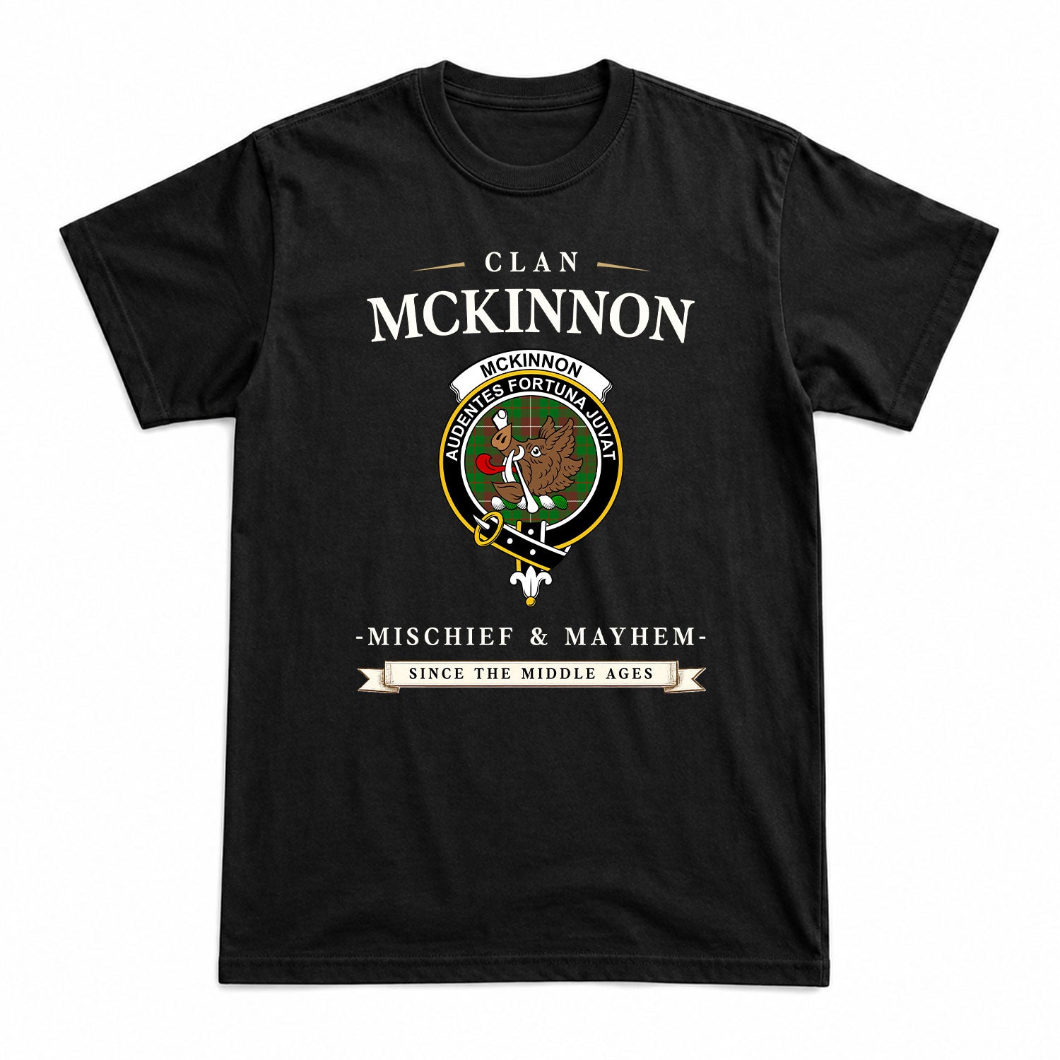 McKinnon Hunting Modern Tartan Crest Mischief and Mayhem T-shirt