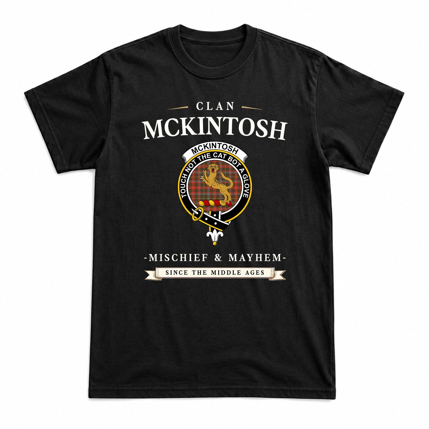 McKintosh Hunting Weathered Tartan Crest Mischief and Mayhem T-shirt