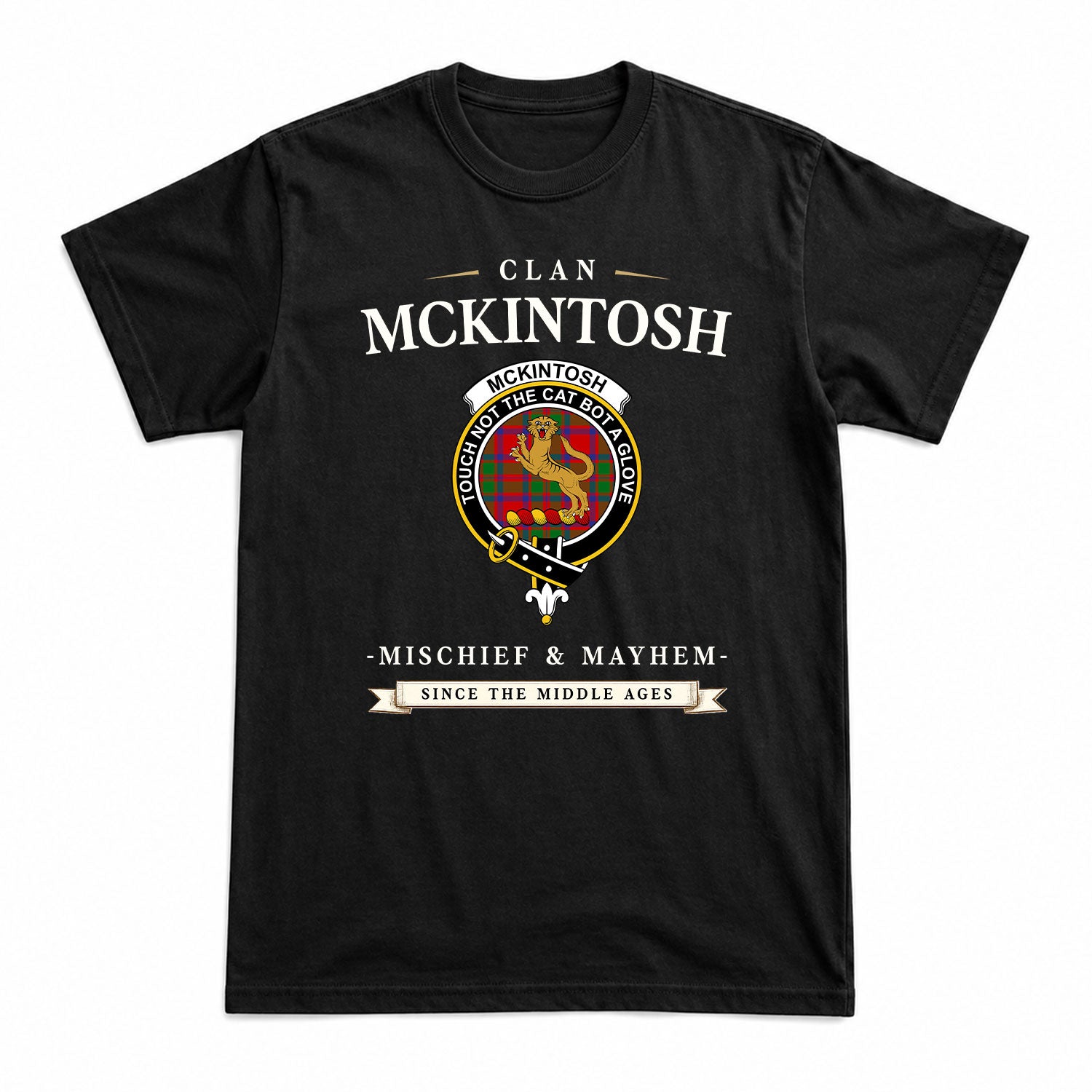 McKintosh Modern Tartan Crest Mischief and Mayhem T-shirt
