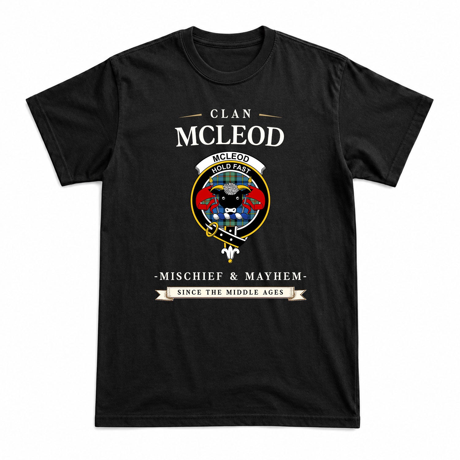 McLeod of Harris Ancient Tartan Crest Mischief and Mayhem T-shirt