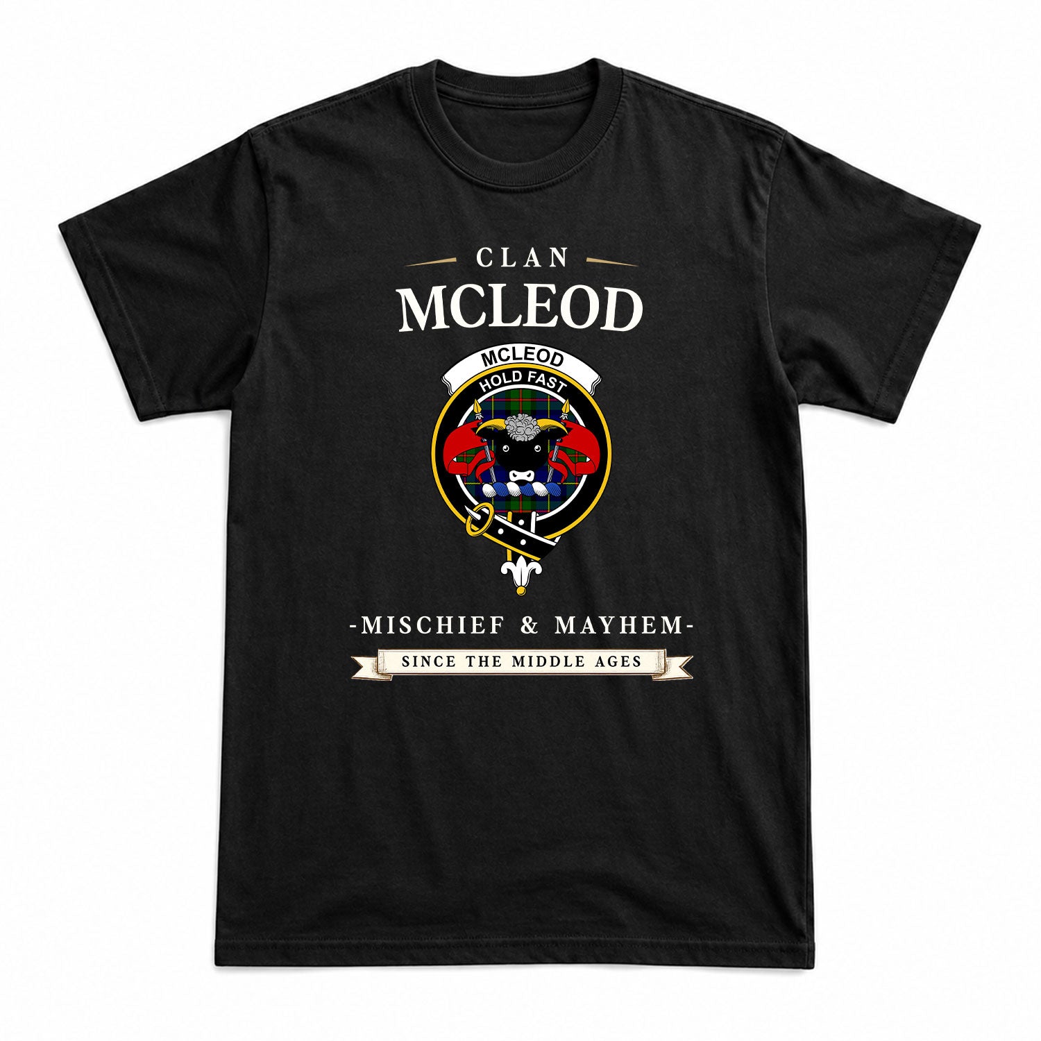 McLeod of Harris Modern Tartan Crest Mischief and Mayhem T-shirt