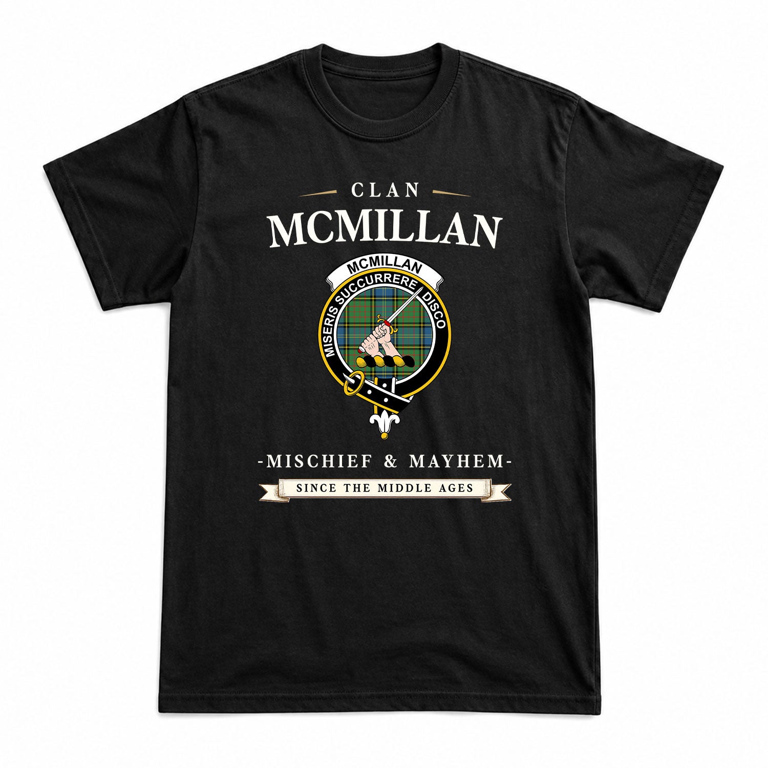 McMillan Hunting Ancient Tartan Crest Mischief and Mayhem T-shirt