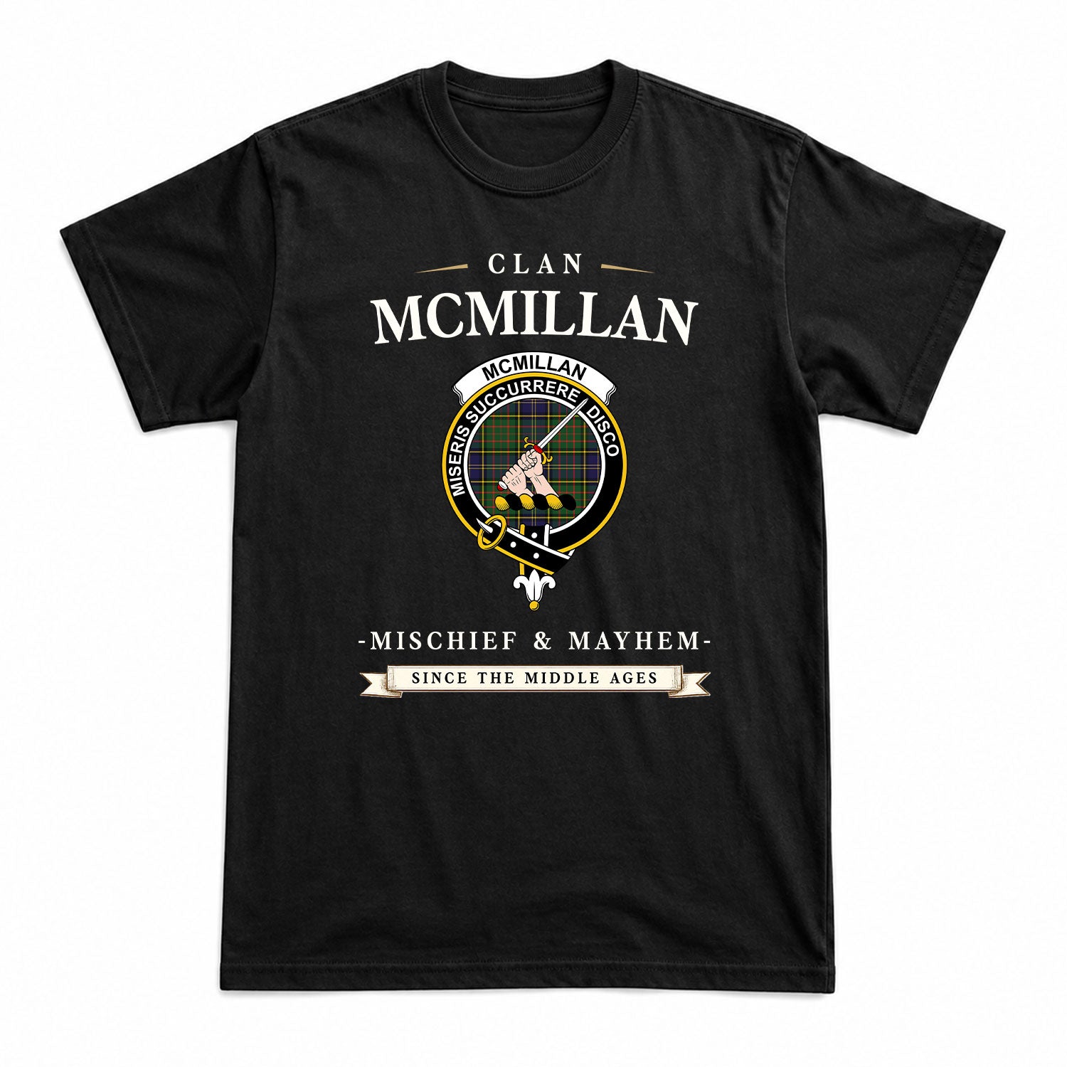 McMillan Hunting Modern Tartan Crest Mischief and Mayhem T-shirt