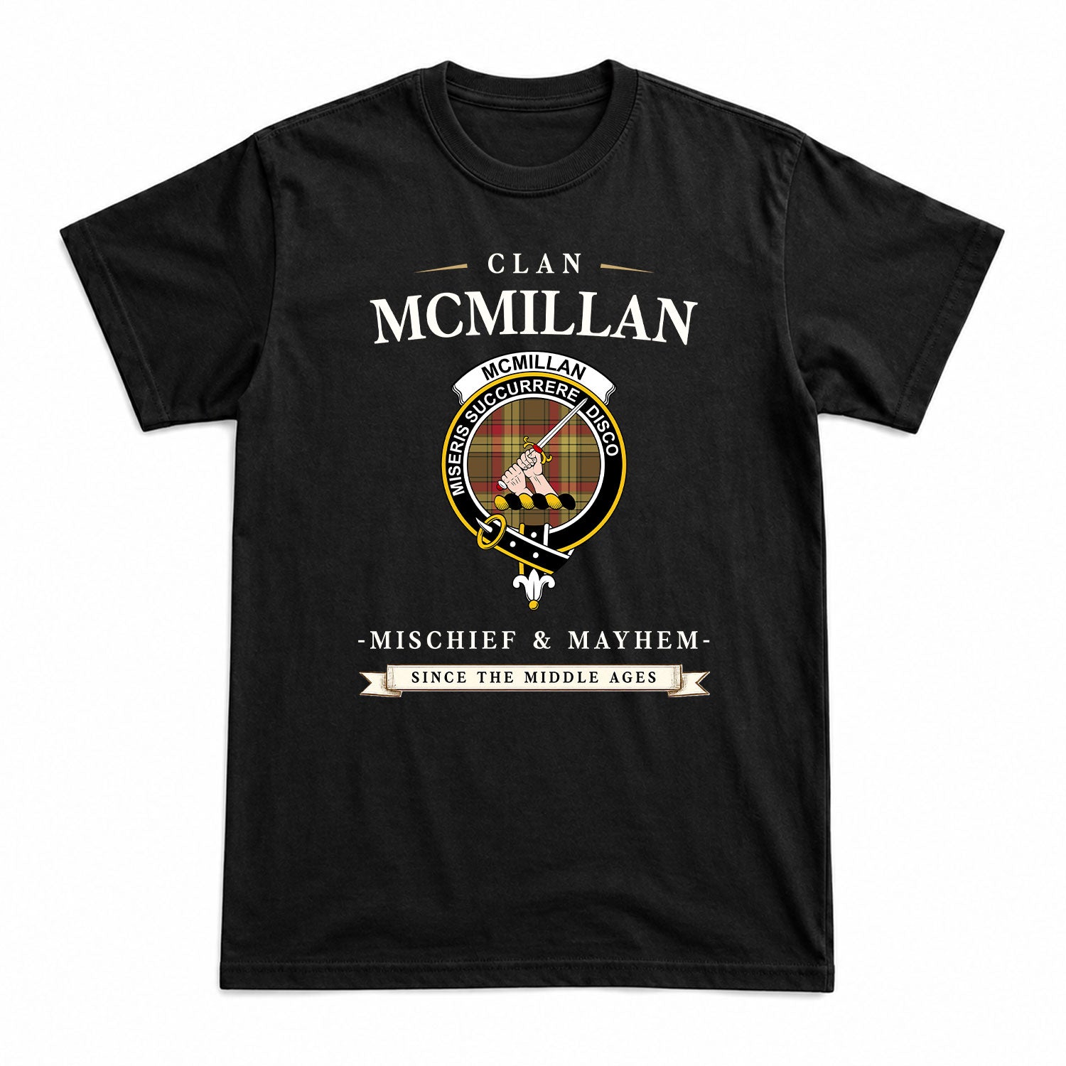 McMillan Old Weathered Tartan Crest Mischief and Mayhem T-shirt