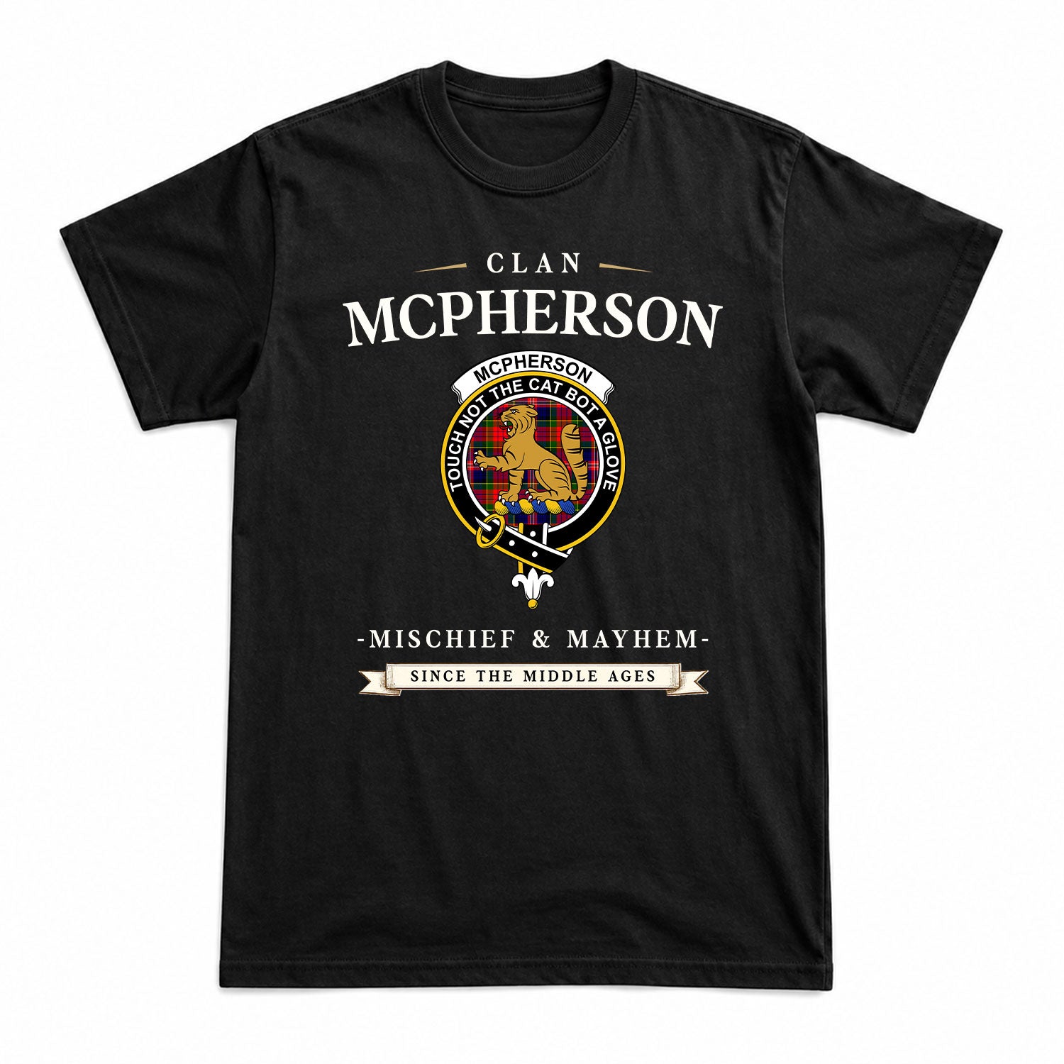 McPherson Modern Tartan Crest Mischief and Mayhem T-shirt