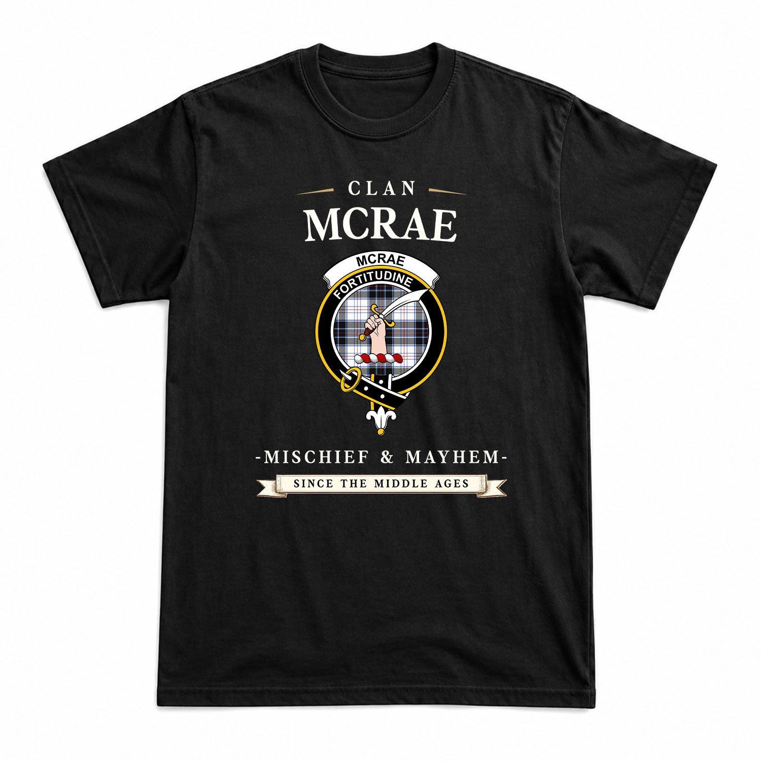 McRae Dress Modern Tartan Crest Mischief and Mayhem T-shirt