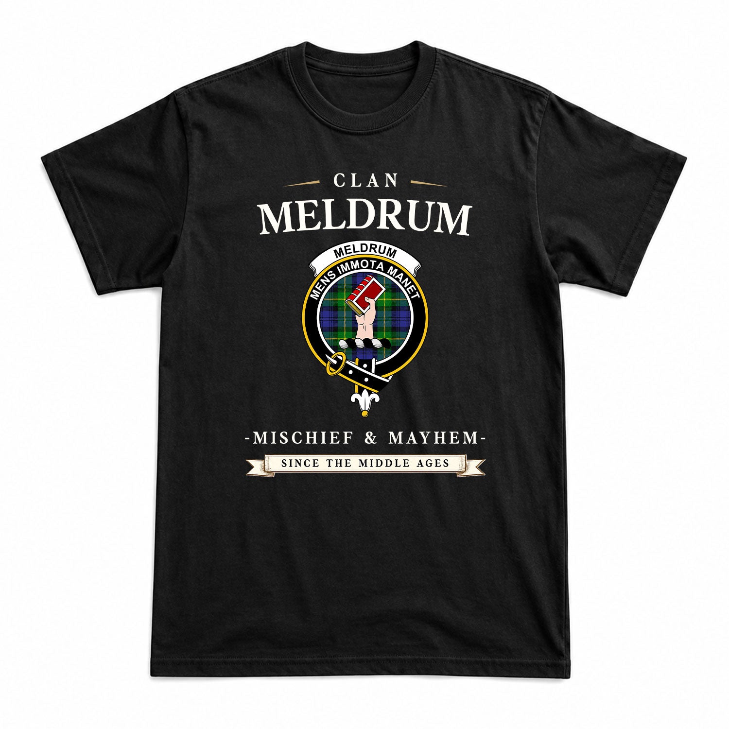 Meldrum Tartan Crest Mischief and Mayhem T-shirt