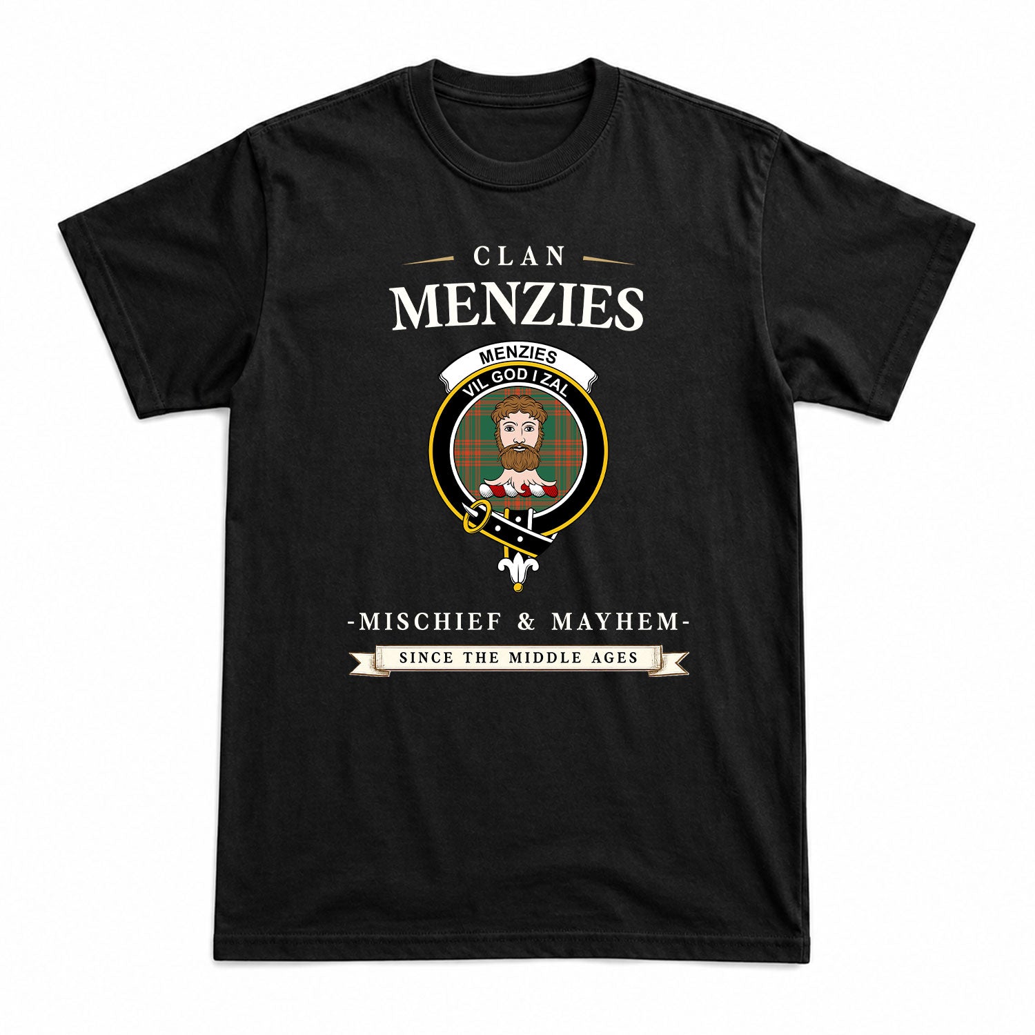 Menzies Green Ancient Tartan Crest Mischief and Mayhem T-shirt