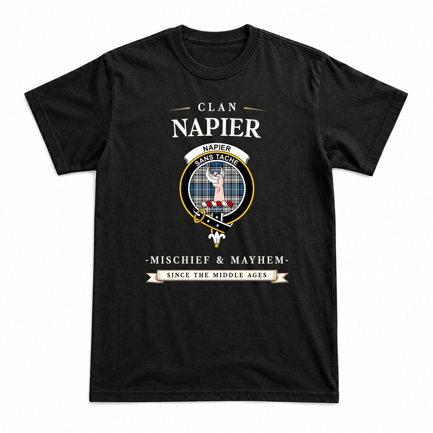 Napier Modern Tartan Crest Mischief and Mayhem T-shirt