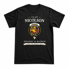 Nicolson Ancient Old Tartan Crest Mischief and Mayhem T-shirt