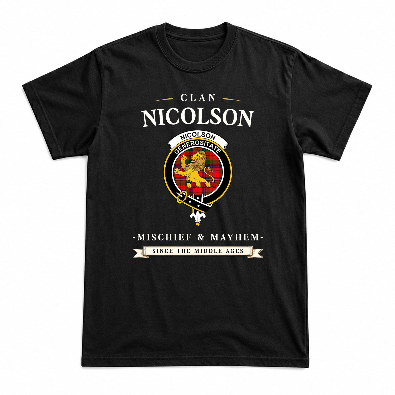 Nicolson Modern Tartan Crest Mischief and Mayhem T-shirt