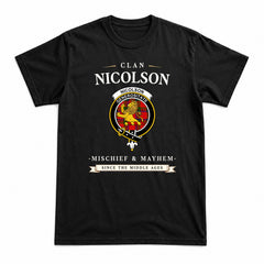 Nicolson Modern Tartan Crest Mischief and Mayhem T-shirt