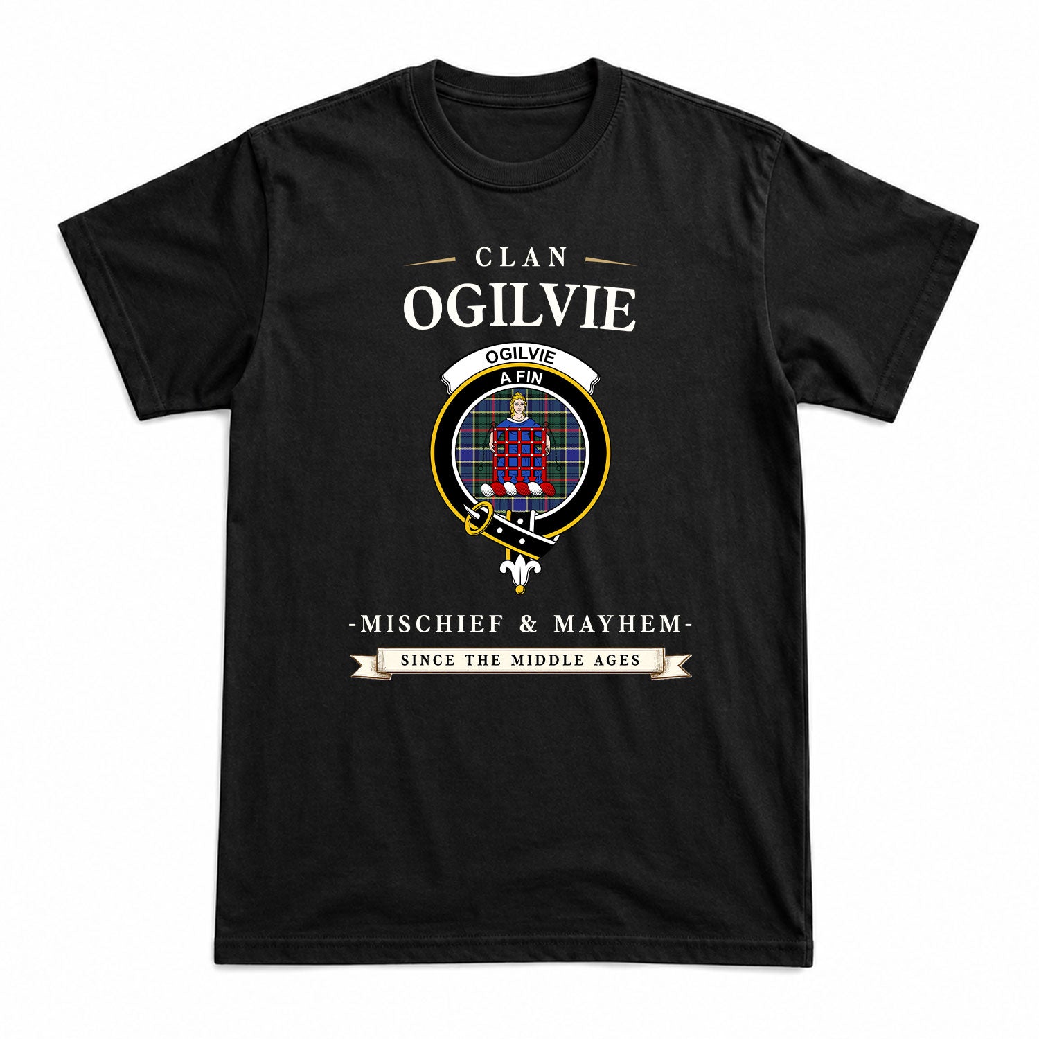 Ogilvie Hunting Modern Tartan Crest Mischief and Mayhem T-shirt