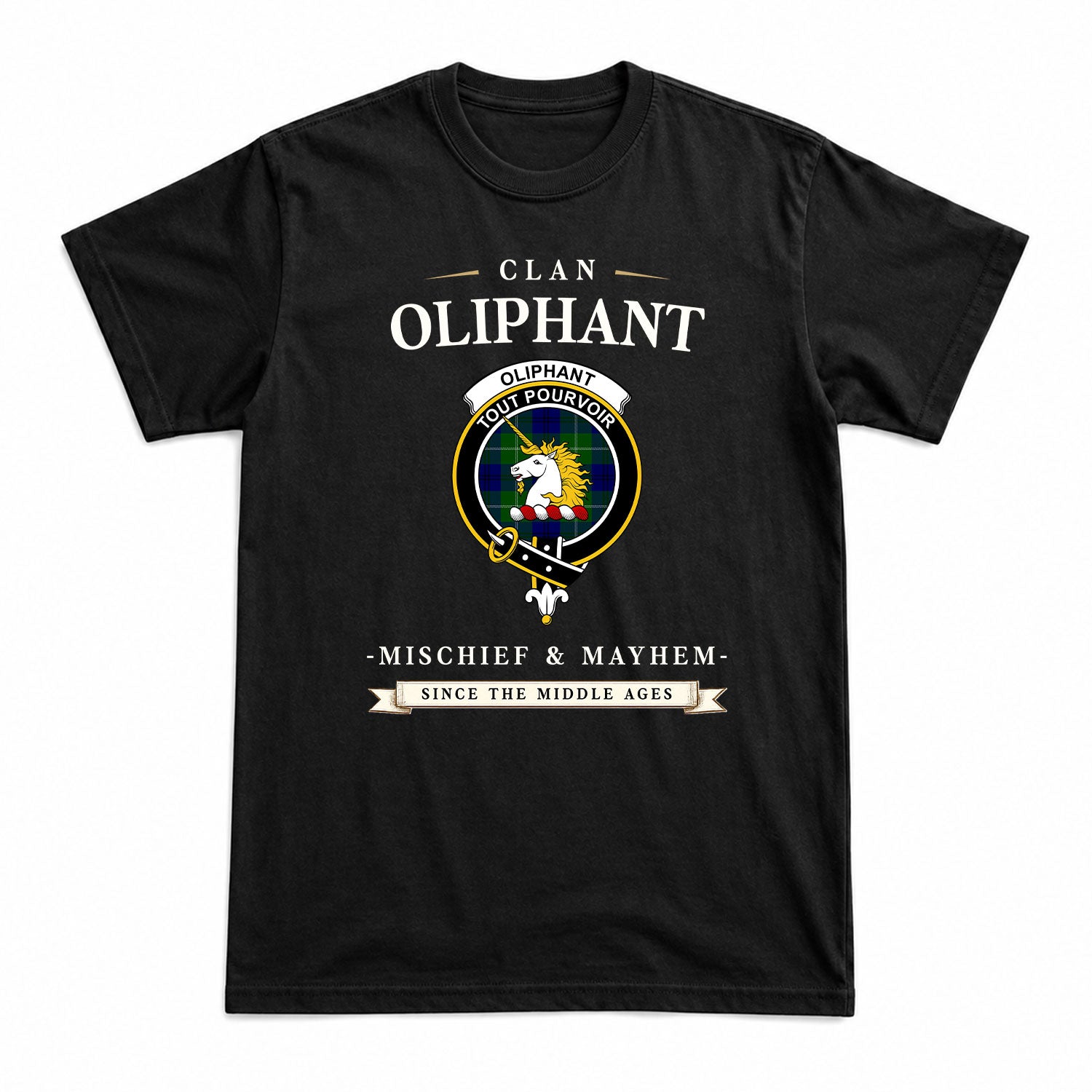 Oliphant Modern Tartan Crest Mischief and Mayhem T-shirt
