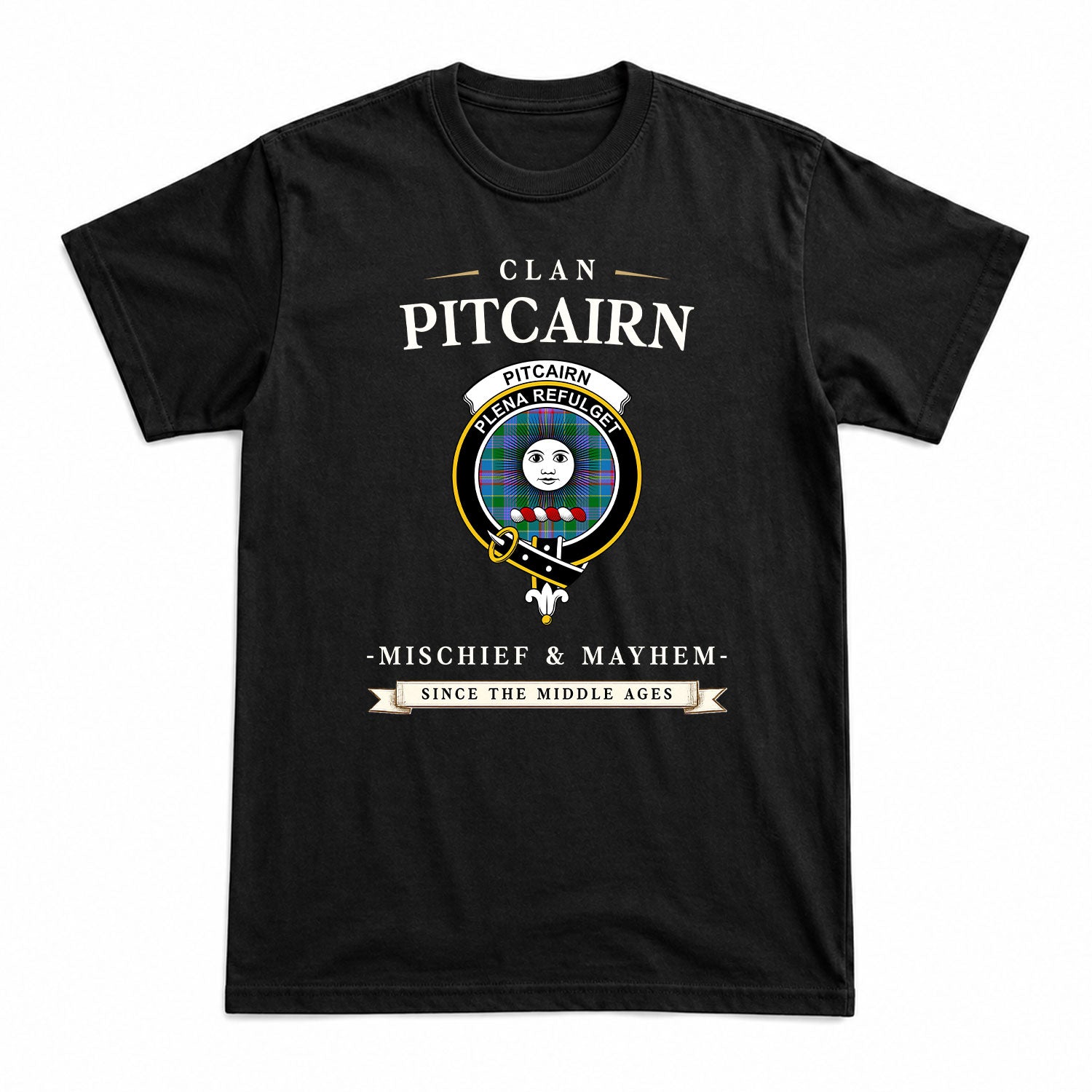 Pitcairn Hunting Tartan Crest Mischief and Mayhem T-shirt