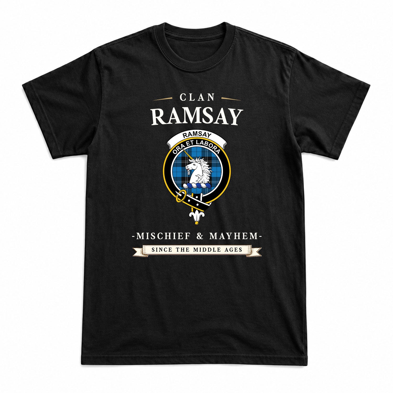 Ramsay Blue Ancient Tartan Crest Mischief and Mayhem T-shirt