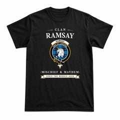 Ramsay Blue Ancient Tartan Crest Mischief and Mayhem T-shirt