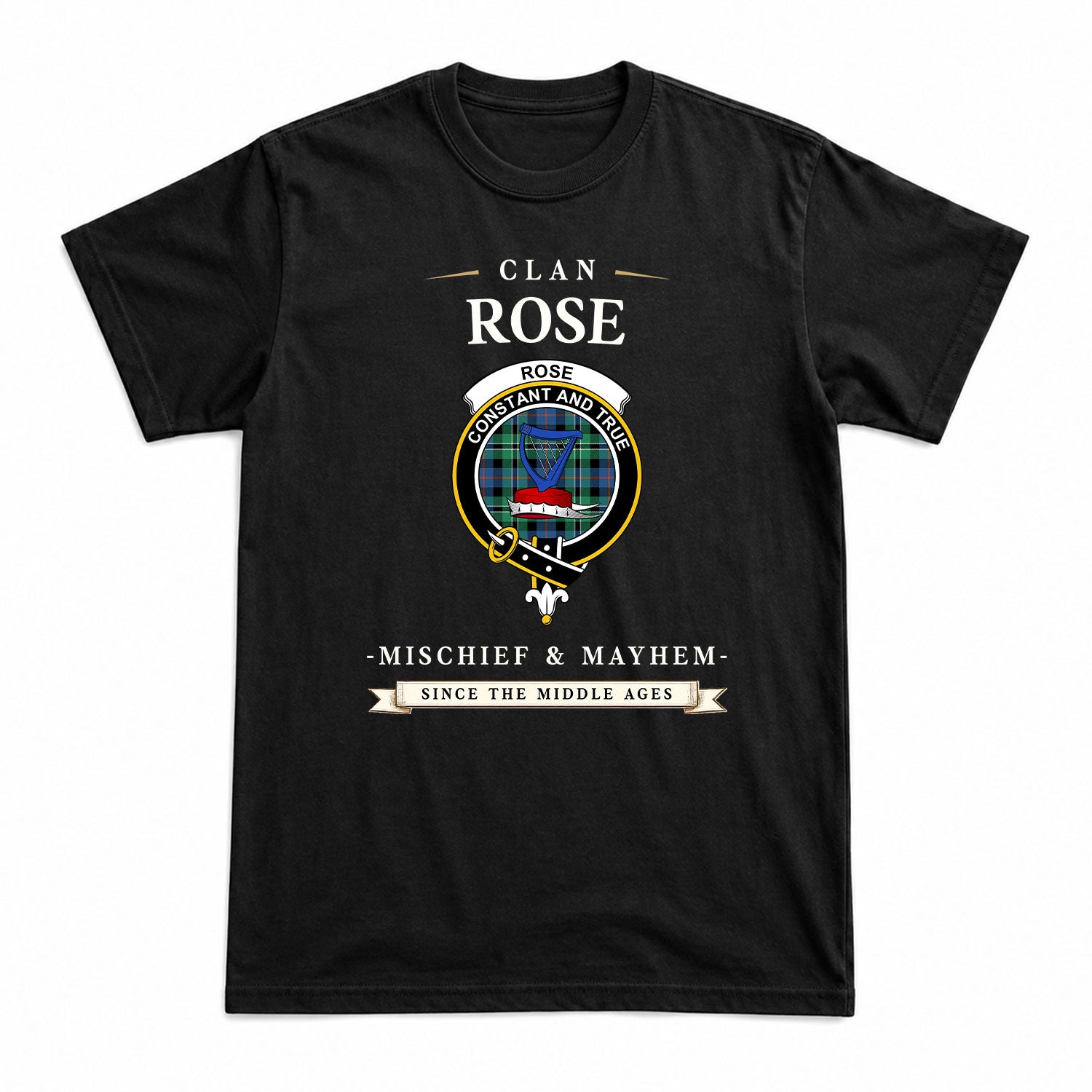 Rose Hunting Ancient Tartan Crest Mischief and Mayhem T-shirt