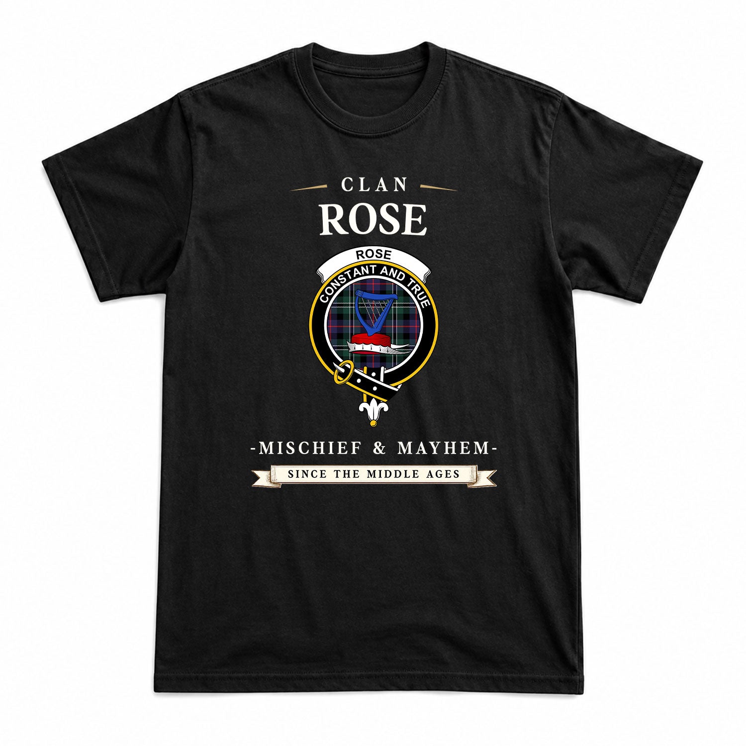 Rose Hunting Modern Tartan Crest Mischief and Mayhem T-shirt