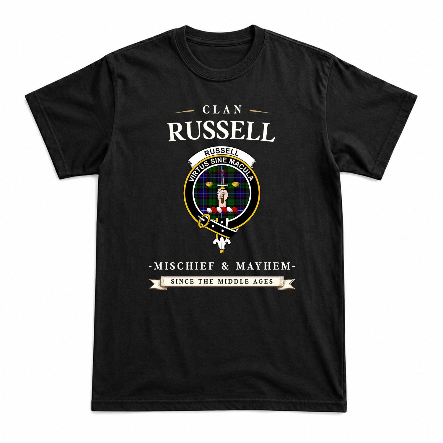 Russell Modern Tartan Crest Mischief and Mayhem T-shirt